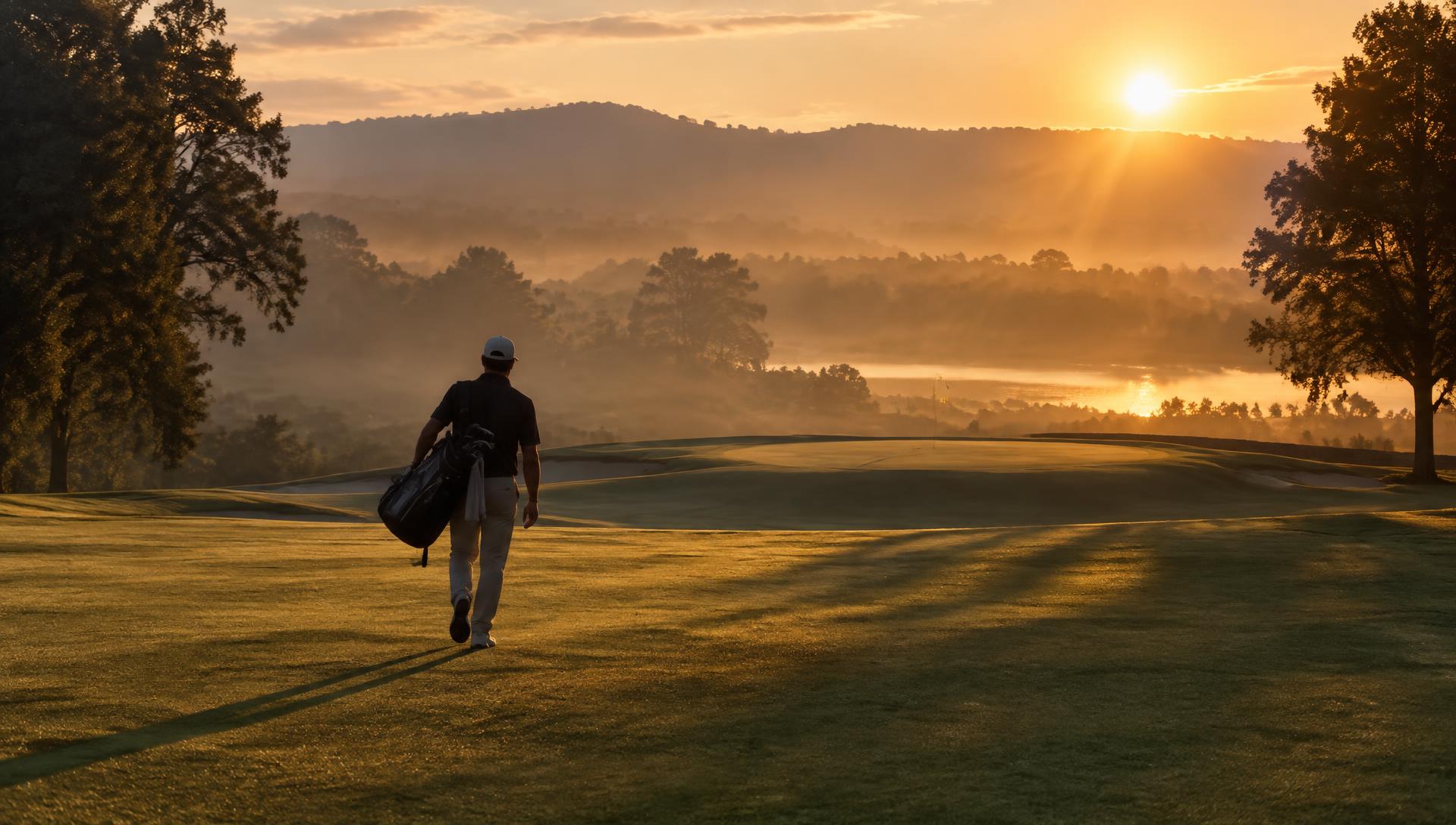 Golfer walking the fairway at golden hour